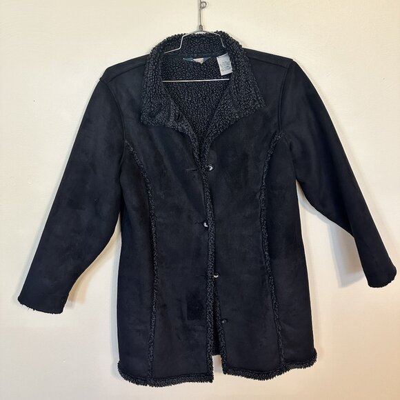 L.L. Bean Vtg Womens Black Lined Coat Jacket Faux Suede Large Petite Button Up - Picture 8 of 10